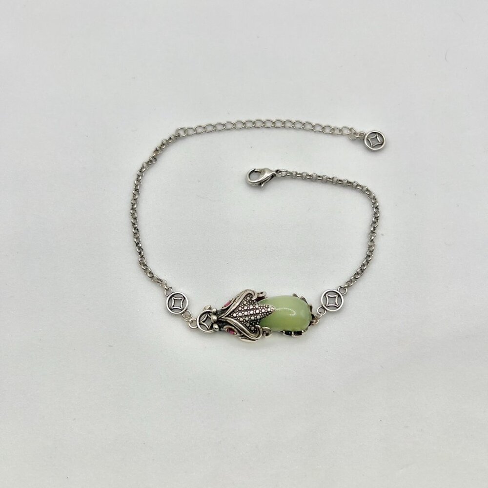 Chinese Pixiu Green Jade Silver Chain Bracelet